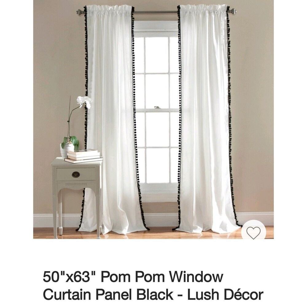 Lush Decor Pom Pom Window Curtain Panel White Black Trim 50x63 Boho Modern